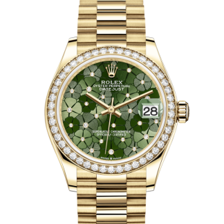 replica Rolex Datejust 31 Oyster 31 mm oro giallo e diamanti Quadrante verde oliva a motivi floreali M278288RBR-0038