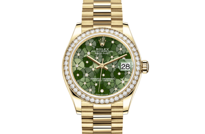replica Rolex Datejust 31 Oyster 31 mm oro giallo e diamanti Quadrante verde oliva a motivi floreali M278288RBR-0038