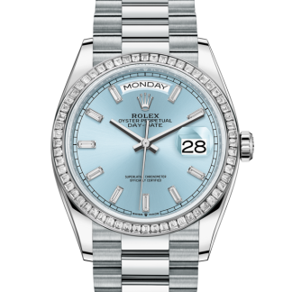 replica Rolex Day-Date 36 Oyster 36 mm platino e diamanti Quadrante blu ghiaccio M128396TBR-0003