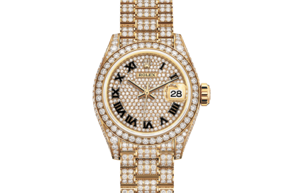 replica Rolex Lady-Datejust Oyster 28 mm oro giallo e diamanti Quadrante con pavé di diamanti M279458RBR-0001